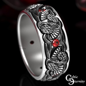 Scottish Wedding Band, Sterling Silver Thistle Ring, Ruby Wedding Ring, Mens Wedding Band, Thistle Ring, Celtic Wedding Ring, 1472