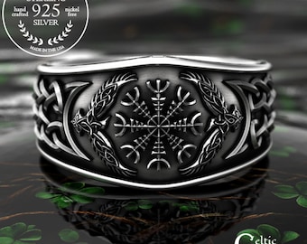 Sterling Silver Raven & Helm of Awe Ring, Mens Wedding Band, Raven Jewelry, Viking Ring, Raven Ring, Norse Ring, Viking Wedding Band, 1160