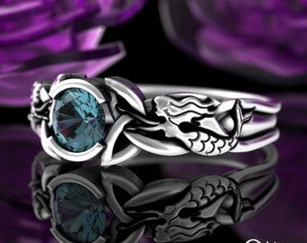 Sterling Mermaid Solitaire Ring, Blue Topaz Siren Wedding, Irish Sea Maiden Ring, Celtic Trinity Ocean Ring, Silver Mermaid Engagement, 3134