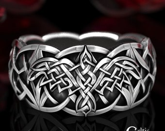 Sterling Silver Celtic Raven Ring, Raven Wedding Band, Mens Wedding Band, Raven Jewelry, Celtic Knot Ring, Silver Gothic Corvid Ring, 1748