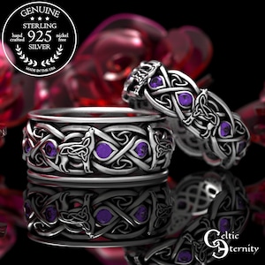 Matching Wolf Wedding Rings, Amethyst Sterling Celtic Ring Set, His Hers Wolf Rings, Matching Silver Rings, Celtic Wedding Set, 1267 1269