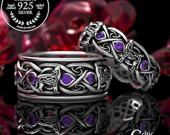 Matching Wolf Wedding Rings, Amethyst Sterling Celtic Ring Set, His Hers Wolf Rings, Matching Silver Rings, Celtic Wedding Set, 1267 1269