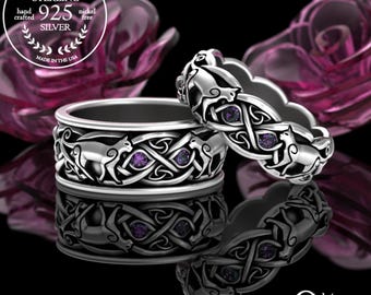 Matching Alexandrite Cat Rings, Sterling Silver Kitty Wedding Band Set, Celtic Cat Lover Rings, Irish Kitten Wedding Jewelry, 3097 3099