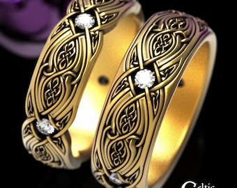 Matching Moissanite Rings, Celtic Gold Matching Wedding Band, His Hers Celtic Gold Rings, Couple Gold Ring Set, Gold Ring Set, 1817 1816