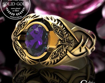 Alexandrite Gold Raven Ring, 10K 14K Viking Mens Wedding Ring, Viking Alexandrite Ring, Viking Raven Ring, 10K Gold Celtic Raven Ring, 1477
