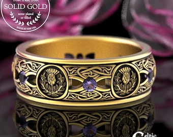 Gold Amethyst Scottish Thistle Wedding Ring, 10K Celtic Thistle Mens Ring, 14K Gold Thistle Wedding Band, 10K Gold Irish Amethyst Ring, 4409