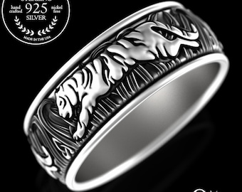 Mens Tiger Ring, Sterling Silver Wedding Band, Big Cat Ring, Tiger Cat Jewelry, Jungle Safari Ring, Silver Tiger Ring, Spirit Animal, 3118