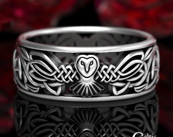 Owl + Vine Knotwork Ring, Sterling Silver Owl Wedding Band, Celtic Owl Ring, Celtic Wedding Ring, Irish Wedding Ring, Silver Owl Ring, 1499