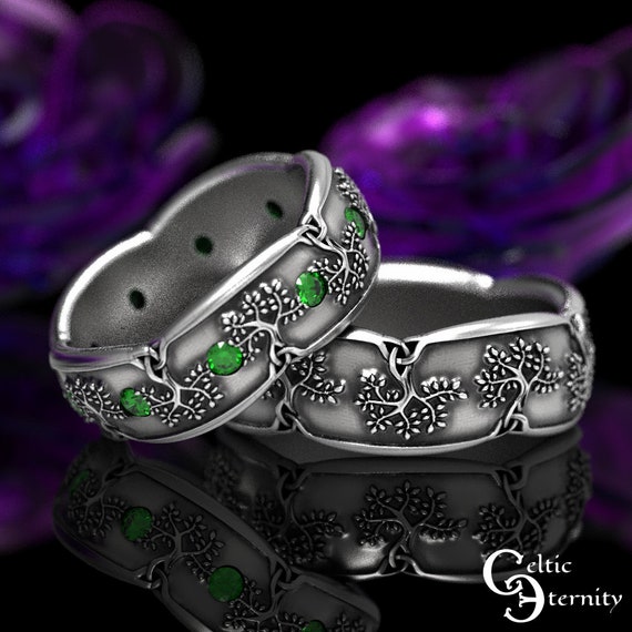 Tree of Life Ring Set, Sterling & Emerald Tree Wedding Bands, Celtic Tree Ring Set, His Hers Celtic Rings, Yggdrasil Ring, 1363 1365