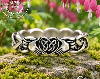 Sterling Fenian Claddagh, Silver Joined Heart Handfasting Ring, Women's Love Ring, Simple Irish Wedding Band, Ladies Small Celtic Ring, 3254