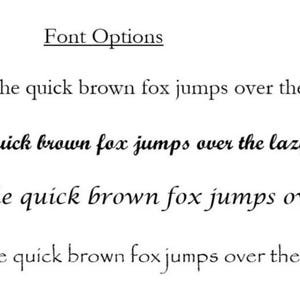 a list of font options, including Garamond, Script, Lucida, and Papyrus, each with a different font style and color.