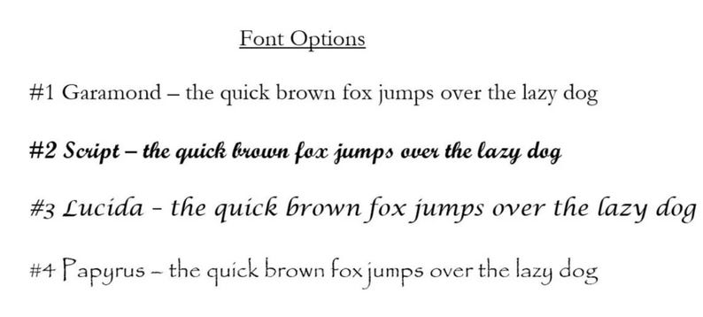 a list of font options, including Garamond, Script, Lucida, and Papyrus, each with a different font style and color.