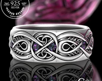 Mens Alexandrite Celtic Wedding Band, Sterling Mens Wide Wedding Band, Mens Infinity Ring, Mens Celtic Ring, Infinity Alexandrite Ring, 1642