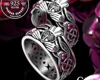 Ruby Tree of Life Wedding Bands, Sterling His Hers Woodland Claddagh Rings, Celtic Marriage Ring Set, Silver Irish Handfasting, 2041 2042