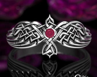 Sterling Silver and Ruby Raven Ring, Flying Corvid Wedding Ring, Woman's Norse Statement Ring, Odins Woven Raven Ring, Nordic Crow Ring,1478