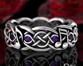 Music Notes Ring, Amethyst Celtic Wedding Ring, Sterling Silver Wedding Ring, Musical Wedding Ring, Music Jewelry, Silver Music Ring, 1714