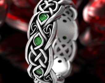 Silver Infinity Ring, Sterling Celtic Ring, Emerald Celtic Ring, Emerald Infinity Ring, Celtic Wedding Band, Infinity Wedding Ring, 1052