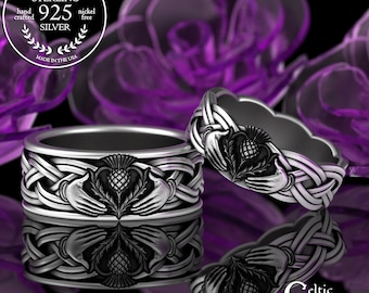 Sterling Matching His Hers Thistle Claddagh Wedding Band Set, Scottish Handfasting, Silver Celtic Bride Groom Rings, 3360 3359