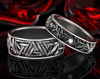Sterling Silver Valknut Knot Ring Wedding Set, Moissanite Valknut Ring Set, Odin Rune Jewlery, Norse Ring Set, Viking Rings 1376 1186