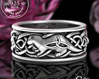 Mens Otter Wedding Ring, Sterling Celtic Ring, Celtic Otter Ring, Otter Wedding Band, Irish Otter Ring, Mens Scottish Wedding Ring, 3029
