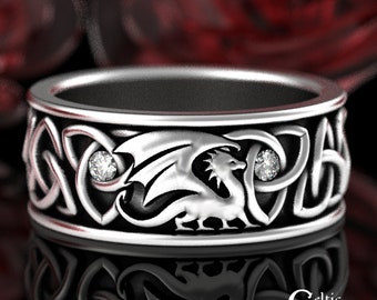 Welsh Dragon Ring, Sterling Moissanite Celtic Dragon Wedding Ring, Mens Silver Dragon Ring, Irish Dragon Ring, Scottish Dragon Band, 3053