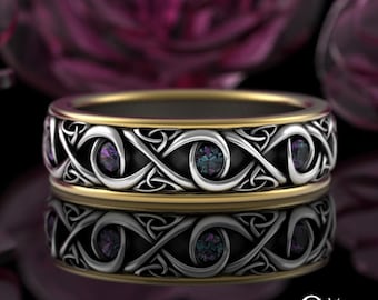 2-tone Sterling + Gold Alexandrite Ring, Silver 10K Mens Trinity Knot Wedding Ring, Scottish Grooms Ring, Bi-Metal Celtic Wedding Band, 4023