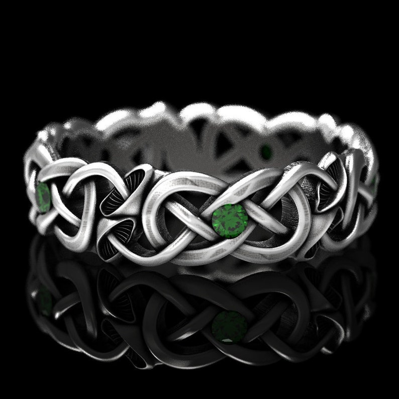 Plant Ring 1371 Eternity Wedding Band Nature Ring Psychedelic Ring Mushroom Ring Mushroom Infinity Ring Sterling Silver with Emeralds