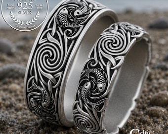 Matching Sterling Koi Fish Wedding Band Set, His Hers Spiral Ocean Rings, Silver Water Astrology Life Partner Rings, 2097 2102
