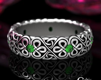 Classic Emerald Irish Wedding Band, Sterling Celtic Emerald Ring, Knotwork Celtic Wedding Ring, Trinity Emerald Ring, Celtic Ring, 1828