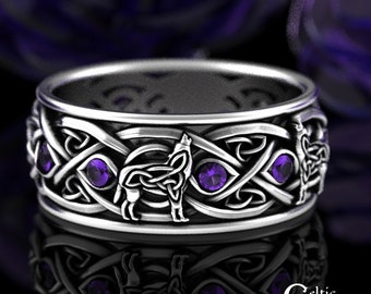 Amethyst Wolf Wedding Ring, Sterling Mens Wedding Band, Celtic Wolf Mens Ring, Amethyst Knotwork Ring, Silver Mens Wedding Band, 1269