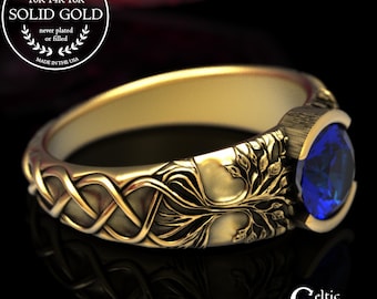 Gold & Sapphire Woven Tree Roots Ring, 10K Rose Gold Nature Inspired Engagement Ring, 14K Marriage Tree Ring, Irish Forest Wedding Ring 2034