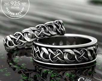 Sterling Welsh His Hers Wedding Band Set, Celtic Braided Bride Groom Handfasting Rings, 925 Silver Trinity Knotwork Wedding Rings, 1984 1989