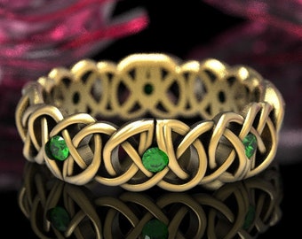Celtic Gold Dara Knot Wedding Band with Emeralds, 10K 14K 18K Gold Infinity Celtic Ring, Unique Knot Ring, Platinum Irish Eternity Ring, 116