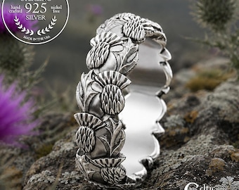 Sterling Silver Royal Thistle Ring, Scottish Thorned Blossom Wedding Band, Guardian Flower Marriage Ring, Irish Sacred Union Ring, 1785
