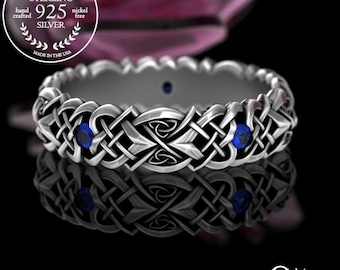 Celtic Sapphire Heart Ring, Sterling Silver Celtic Wedding Band, Womens Blue Celtic Trinity Knot Ring, Perfect Bridal Wedding Ring, 4014