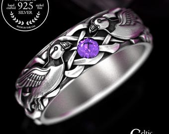 Amethyst Puffins Wedding Band, Sterling Rock Hopper Ring, Silver Ocean Bird Jewelry, Winged Spirit Animal, 2119