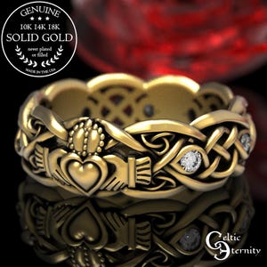 Anillo Claddagh de oro con moissanitas, anillo de bodas moderno Claddagh, alianza de bodas celta de oro, anillo de amor irlandés, anillo Claddagh de platino, 1684