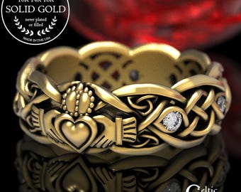 Gold Claddagh Ring with Moissanites, Modern Claddagh Wedding Ring, Celtic Gold Wedding Band, Irish Love Ring, Platinum Claddagh Ring, 1684