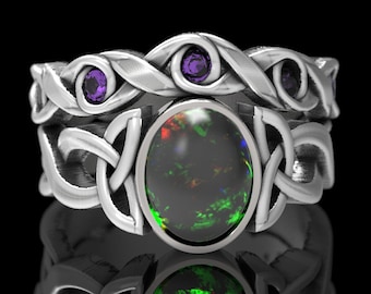 Opal & Amethyst Engagement Ring Set, 10K 14K 18K Gold, Opal Wedding Ring, Opal Celtic Ring Set, Matching Opal Engagement Set, 1131 1132