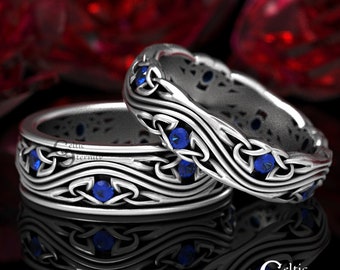Sterling Silver Celtic Wedding Band Set with Sapphires, Matching Wedding Rings, Celtic Wedding Rings, His Hers Celtic Wedding Set, 1463 1462