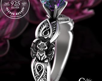 Alexandrite 9-Tail Fox Solitaire Ring, Sterling Bridal Foxes Ring, Kitsune Engagement Ring, Celtic Fox Wedding Ring, Vixen Proposal, 3235