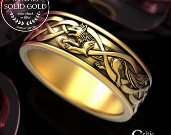 Gold Guardian Wolf Ring, 10K Men's Viking Wedding Band, 14K Celtic Norse Wolf Ring, Platinum Welsh Groom's Wedding Ring, 2111