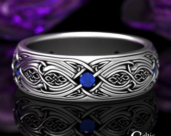 Mens Classic Irish Ring, Sapphire Braided Wedding Band, Woven Sterling Wedding Ring, Men Celtic Infinity Ring, Silver Men Wedding Band, 1817