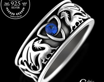 Norse Sterling Dragon Ring, Sapphire Dragon Wedding Band, Celtic Sapphire Dragon Ring, Nordic Mens Wedding Ring, Silver Irish Dragon, 3052