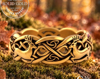 Womens Gold Deer Ring, 10K Celtic Stag Wedding Band, 14K Irish Deer Ring, Gold Bambi Ring, Gold Forest Witch Ring, Scottish Deer Ring, 3125