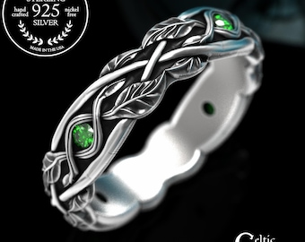 Women's Emerald Woven Leaf & Vine Ring, Sterling Sapphire Braided Leaves Wedding Band, Botanical Nature Inspired Forest Marriage Ring, 2052