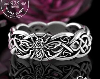 Sterling Silver Bee Ring, Celtic Bee Ring, Honeybee Ring, Queen Bee Ring, Womens Bee Ring, Silver Bee Wedding Ring, Beekeeper Ring, 3085