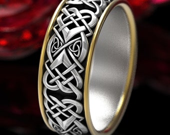 2-Tone Sterling & 10K Gold Gold Celtic Knotwork Ring, 2tone Mens Celtic Ring,BiColor Wedding Band, 10K Gold Heart Wedding Ring, 1732