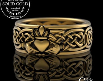 Grooms 10K Gold Claddagh Ring with Celtic Knotwork, 14K 18K Men's Irish Claddagh Wedding Band, Platinum Classic Scottish Knotwork Ring, 3224