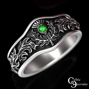 Scottish Thistle Ring with Emerald, Sterling Silver Thistle Ring, Scottish Wedding Ring, Thistle Flower Ring, Celtic Wedding Band, 1765